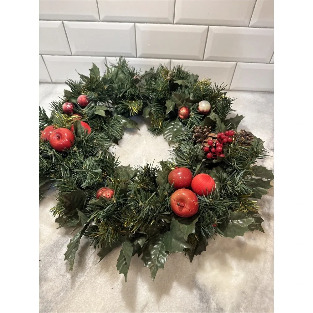Pair Of Vintage Holiday‎ Wreaths/candle Rings With Apples/berries/pine Cones